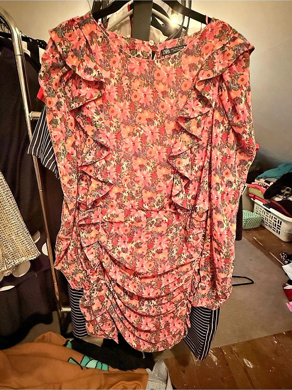 Zara Floral Print Ruffle Draped Mini Dress Pink & Purple Large